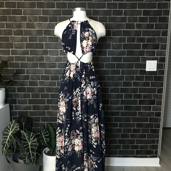 Crisscross Cut Out Front Tie Back Floral Halter Dress - Picture 1 of 16